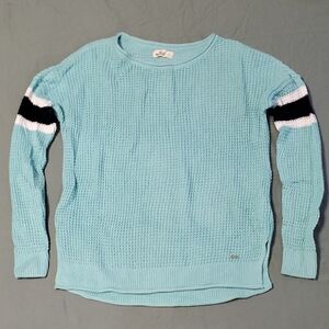 Hollister Teal Sweater with Black and White Arm Stripes